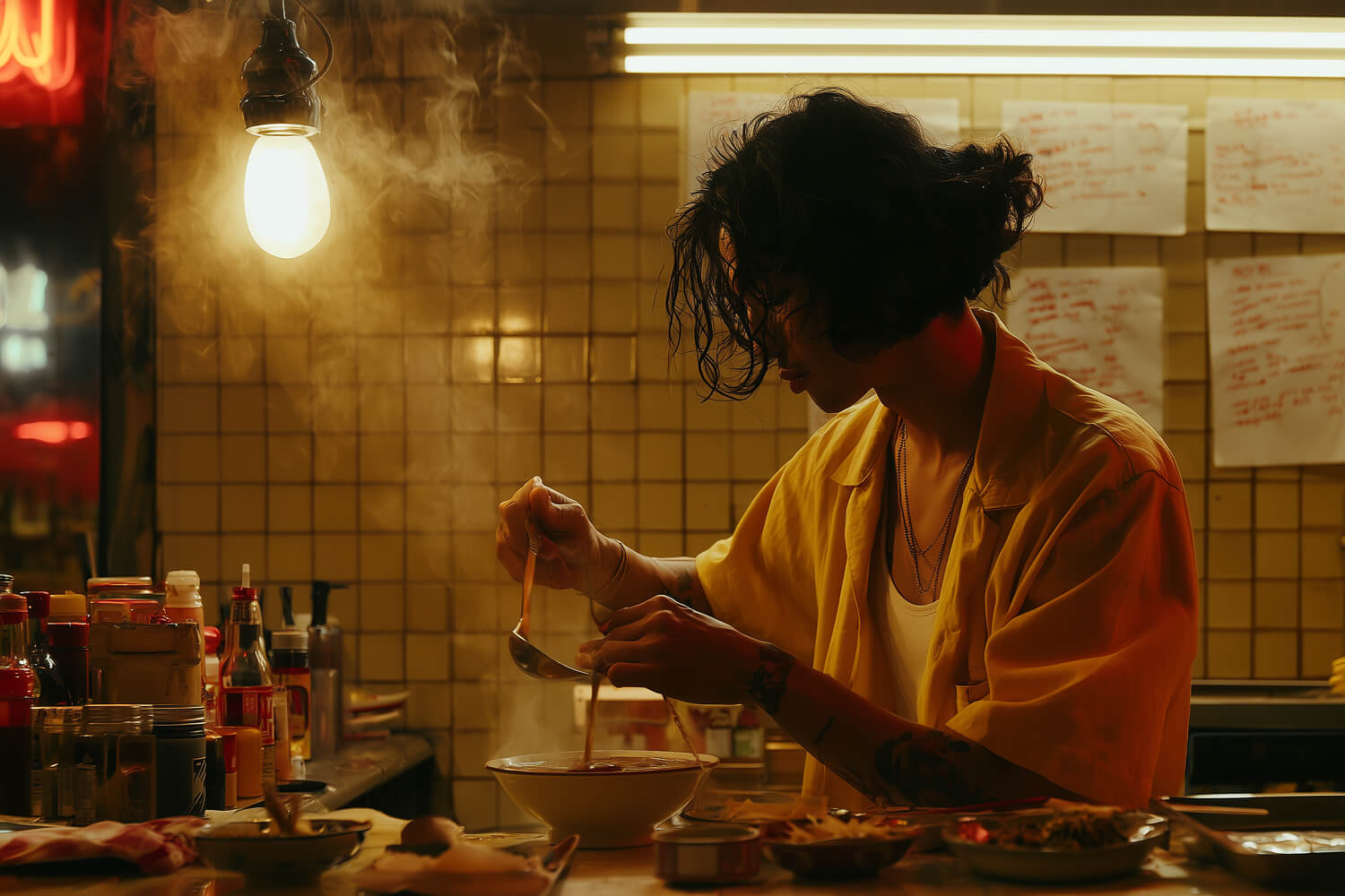 Cook in a yellow shirt stirring a bowl at a steamy tiled counter