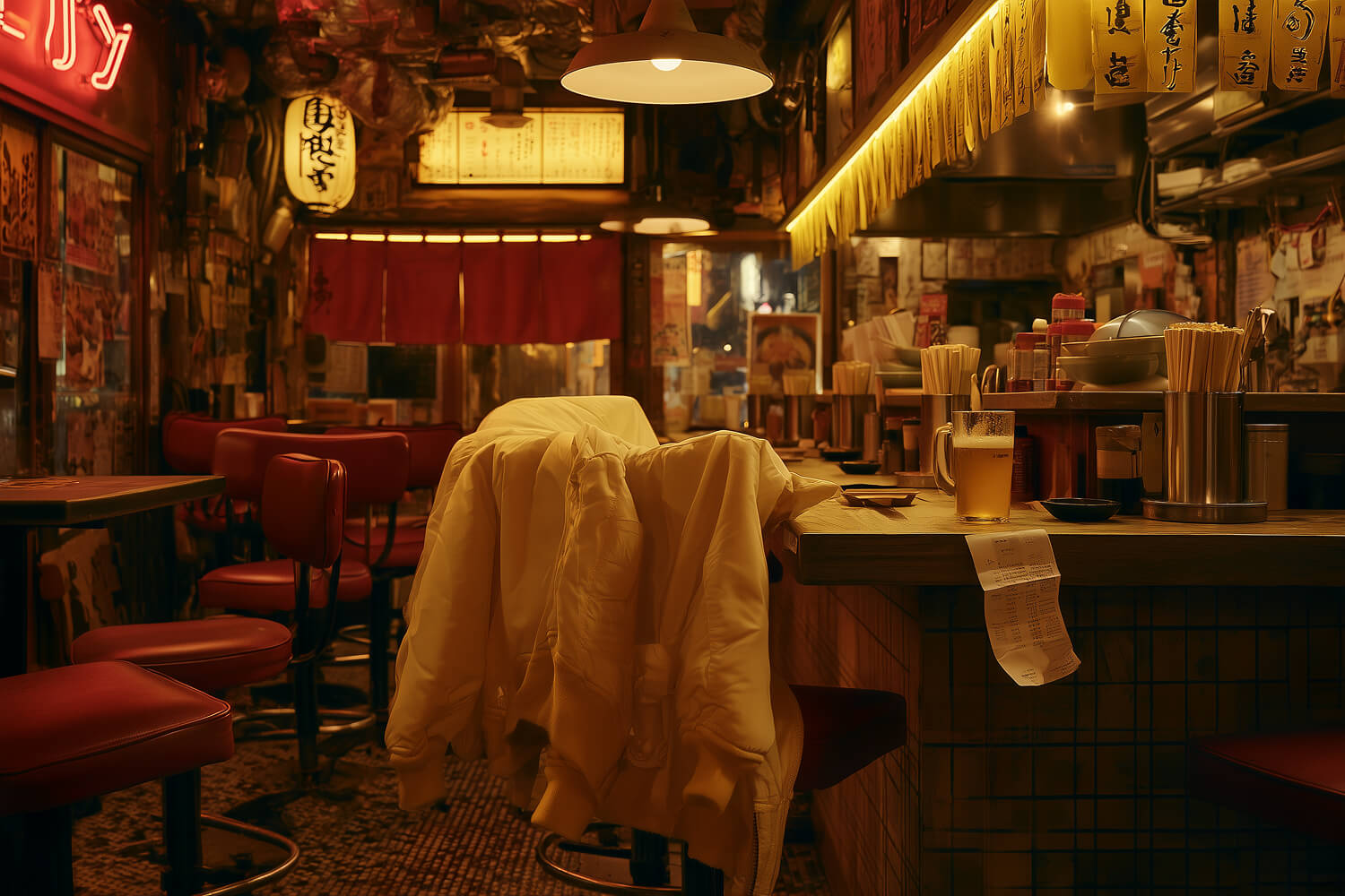Jacket draped over a stool in an empty noodle bar beneath paper lanterns