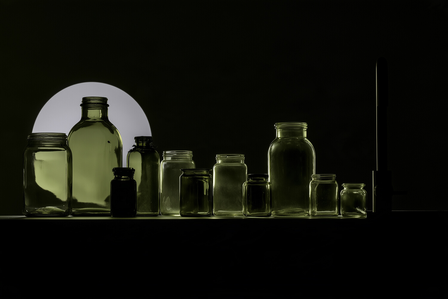 Row of empty glass jars and bottles silhouetted on a shelf in green light
