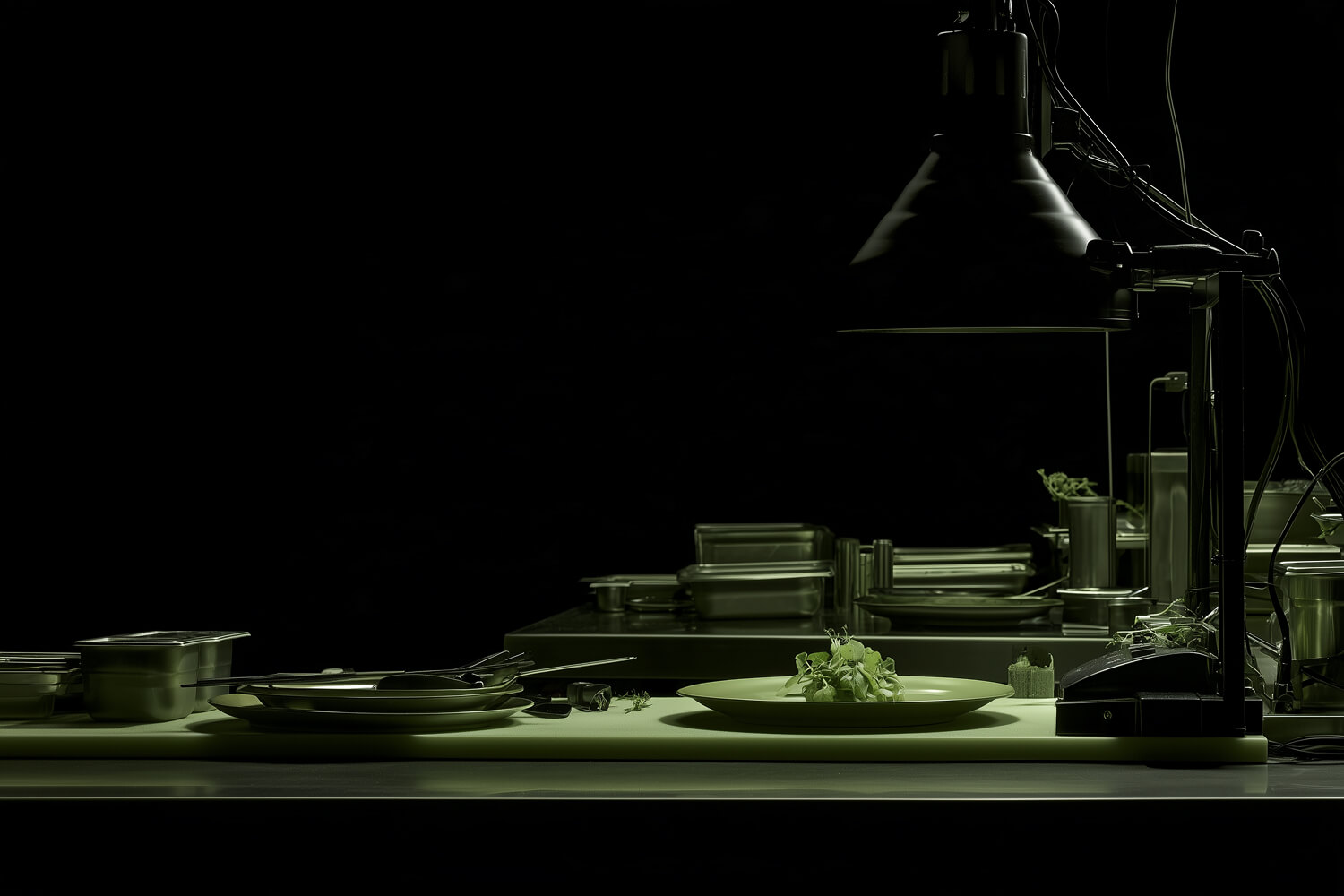Plate of greens under a work lamp on a steel kitchen counter in the dark