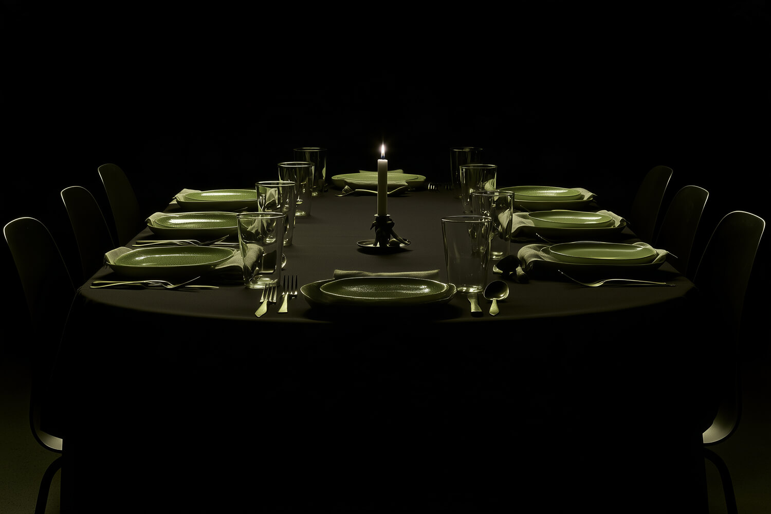 Candlelit dining table set for ten in near darkness