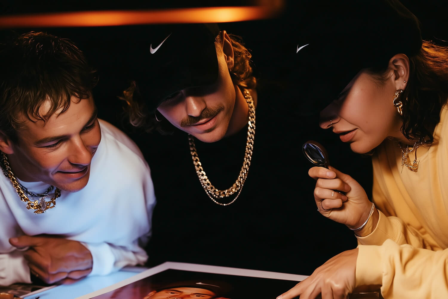 Three friends in gold chains leaning over a print, one inspecting it with a magnifying glass