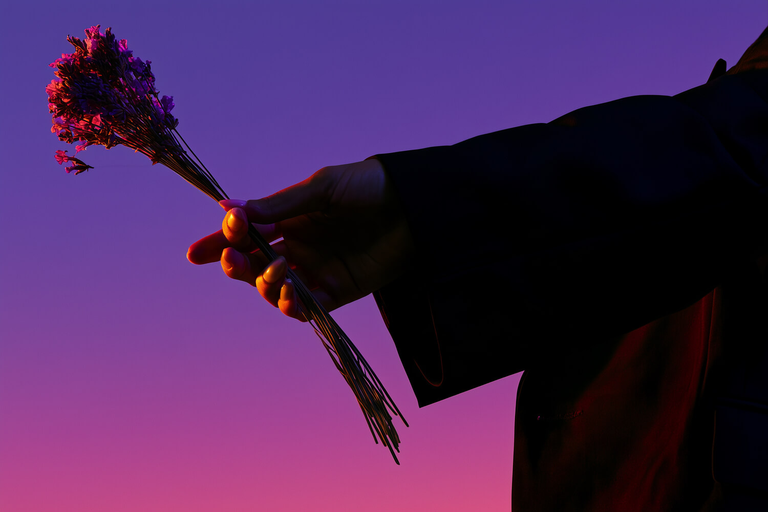 Hand holding a bunch of dried flowers against a violet and pink sky