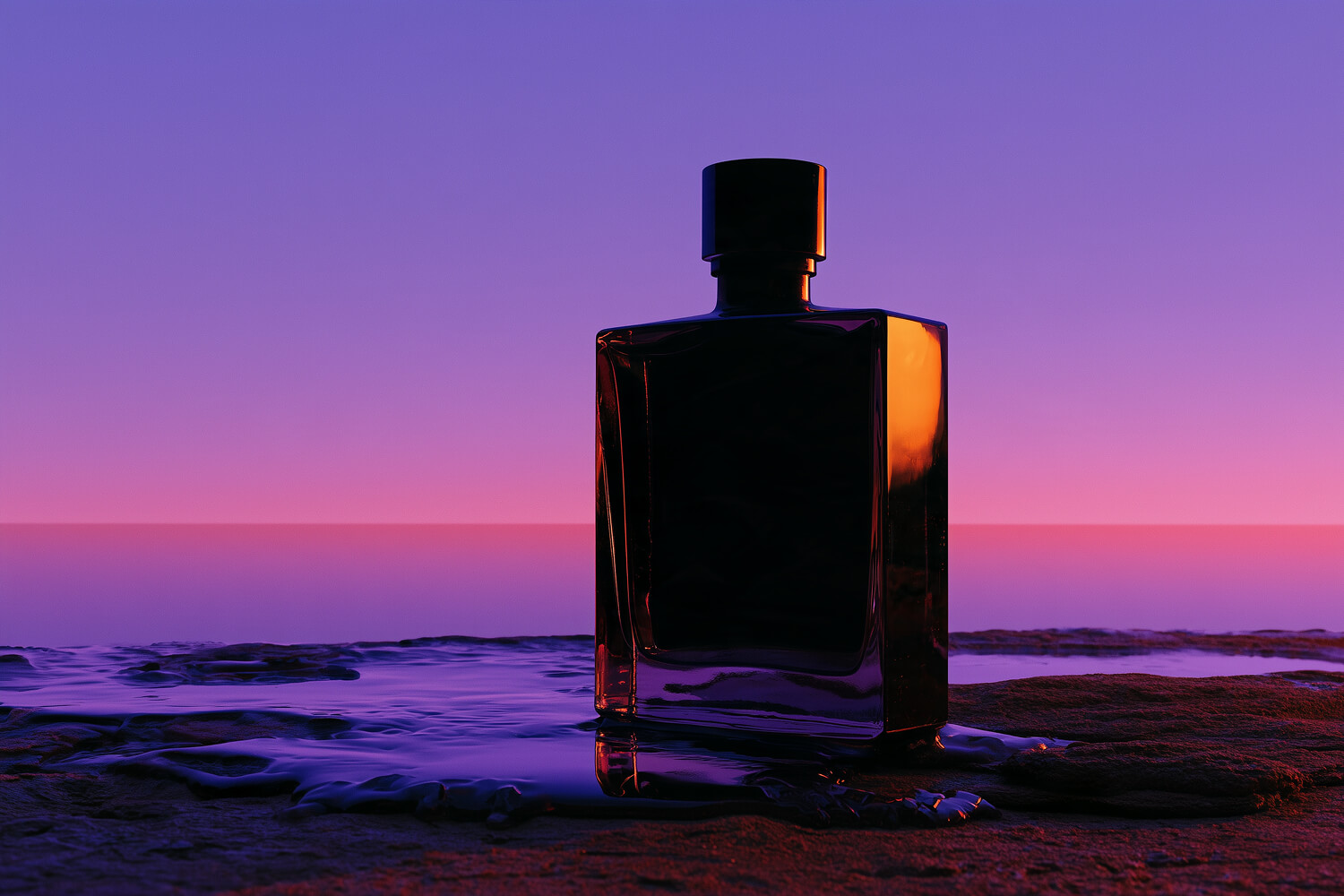 Fragrance bottle silhouetted on wet rock against a violet sea horizon
