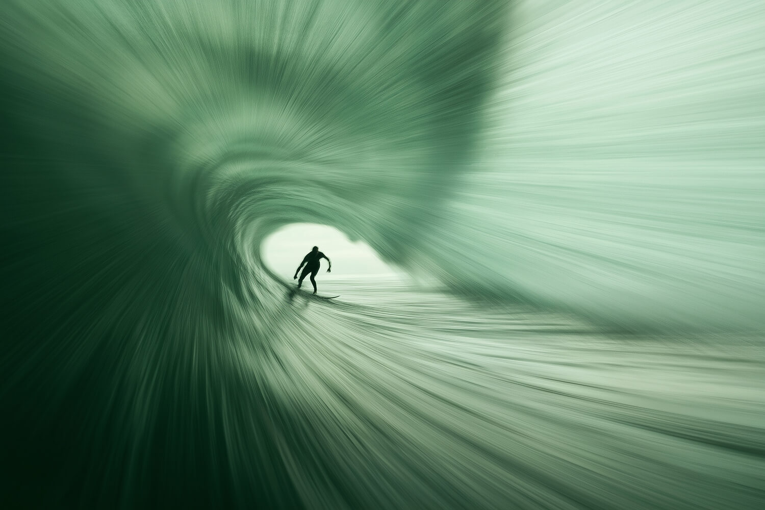 Surfer riding deep inside the barrel of a green wave, blurred with motion