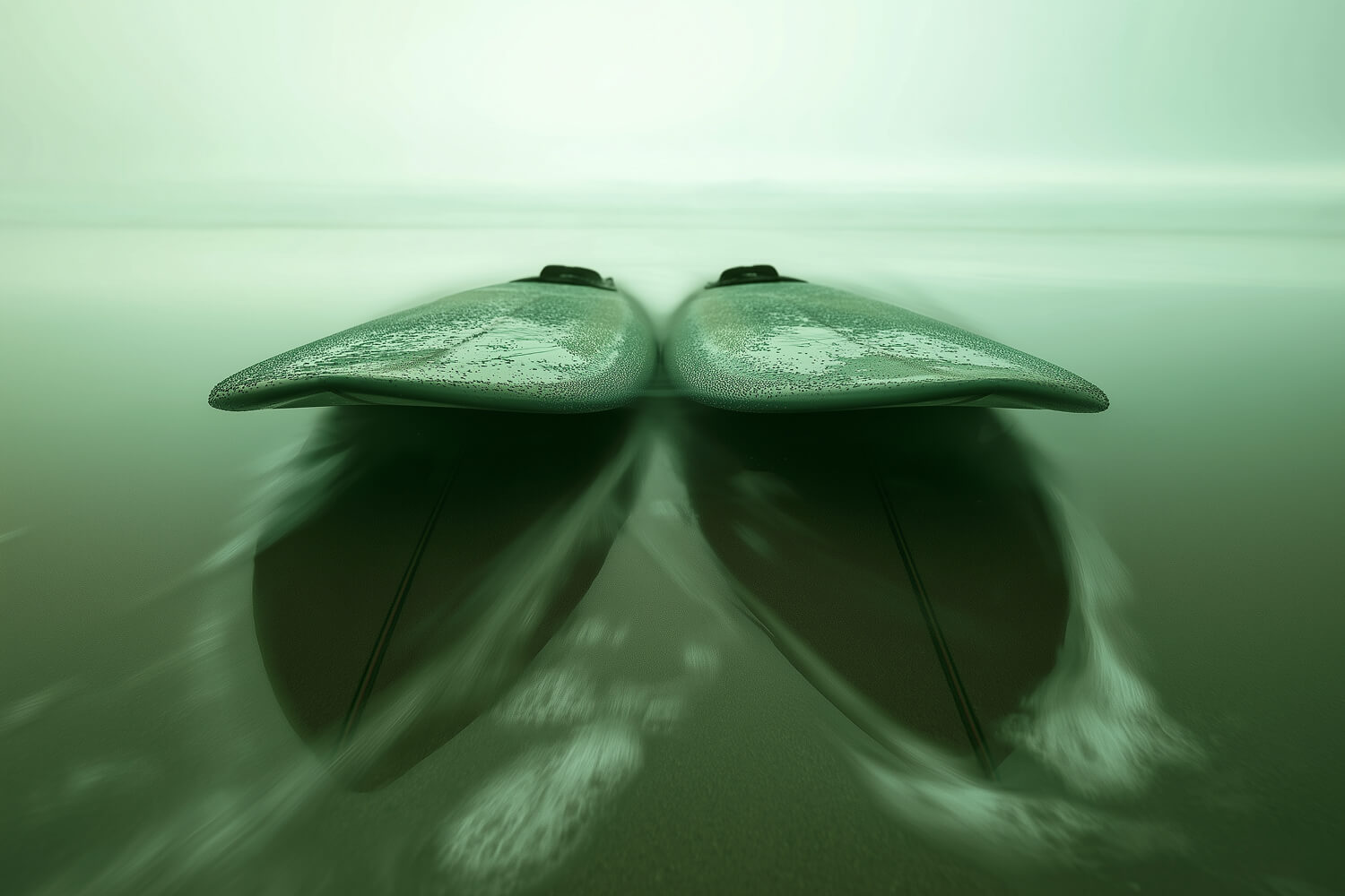 Two surfboard noses resting on misty green water
