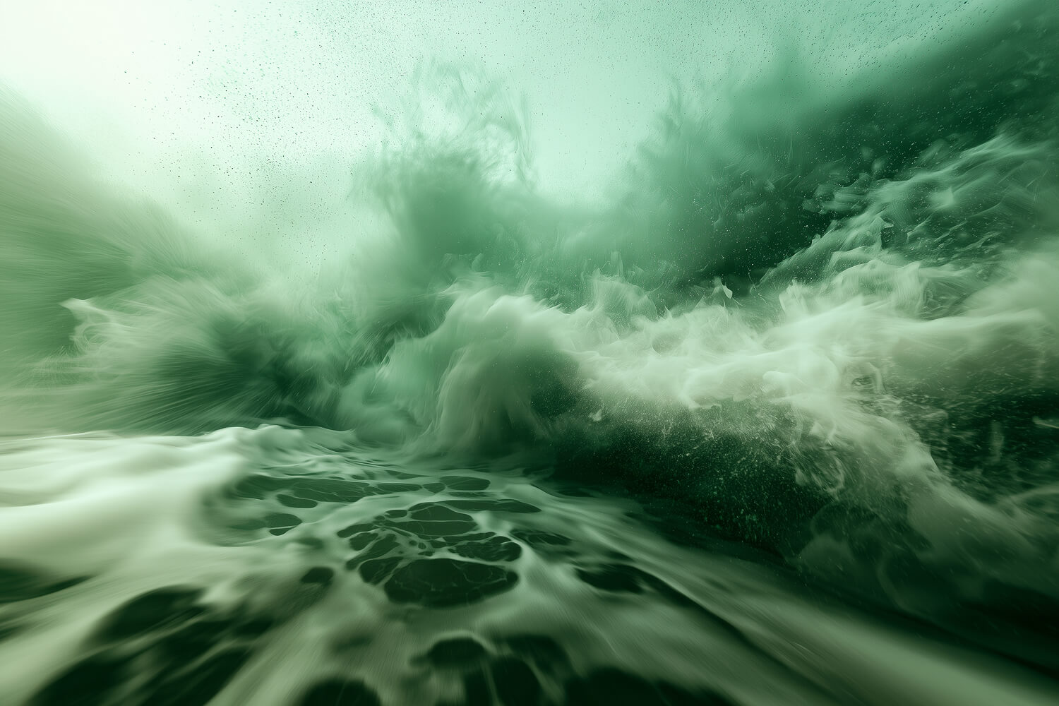 Churning green whitewater seen from inside a breaking wave